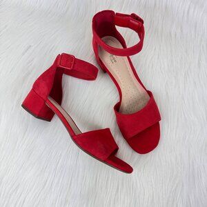 Women's Clarks Elisa Dedra Suede Open Toe Heeled Sandals Shoes Size 9 Red